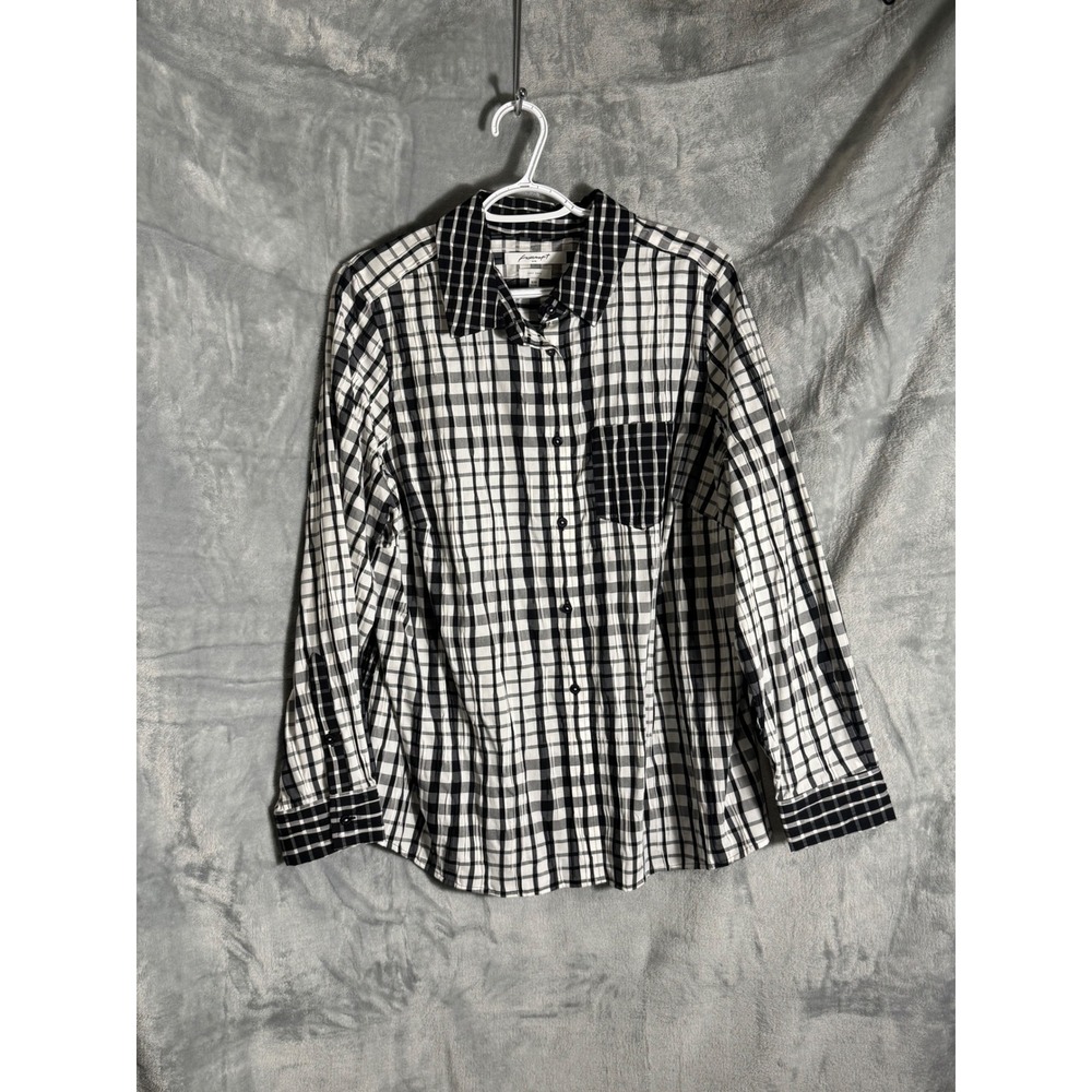 Foxcroft NYC Women 16W Black White Gingham Check Easy Care Button Up Shirt